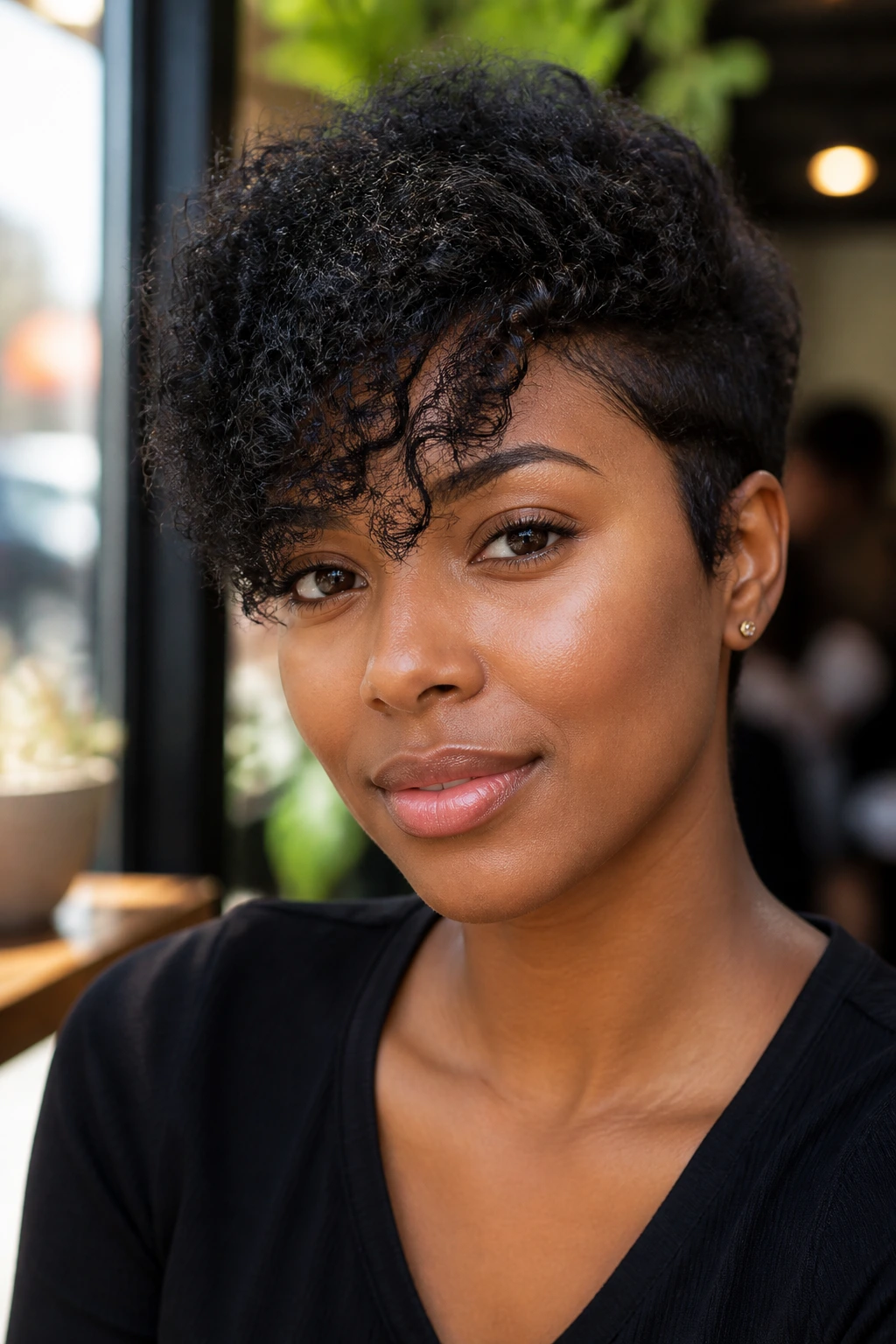Portrait of a real woman with side-swept curly bangs in soft light