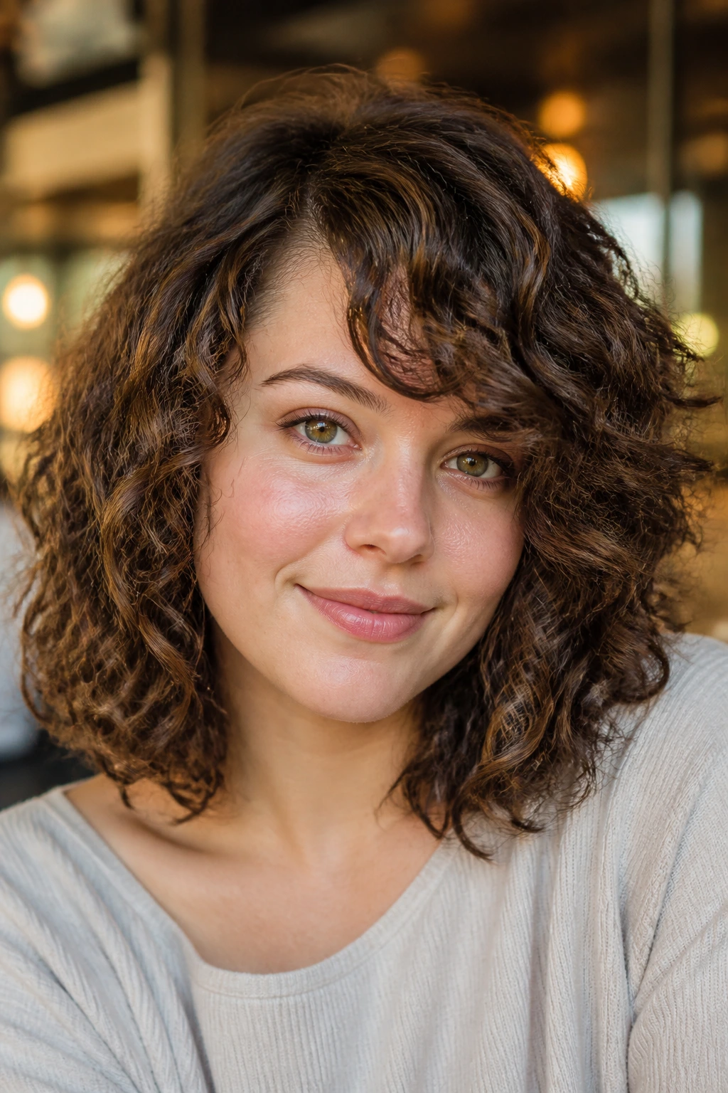 Shoulder-length curly lob with side-swept bangs portrait