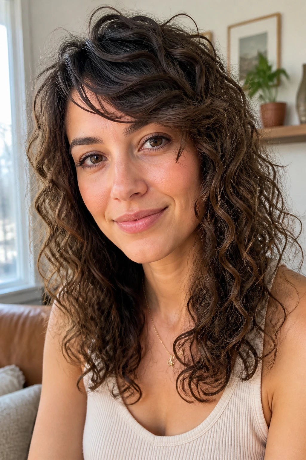 Close-up of real woman with side-swept bangs and layered length on curly hair