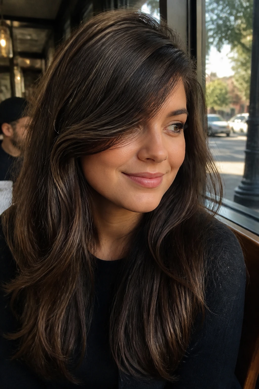 Portrait of a real woman with deep-part side-swept bangs across the forehead in a cafe