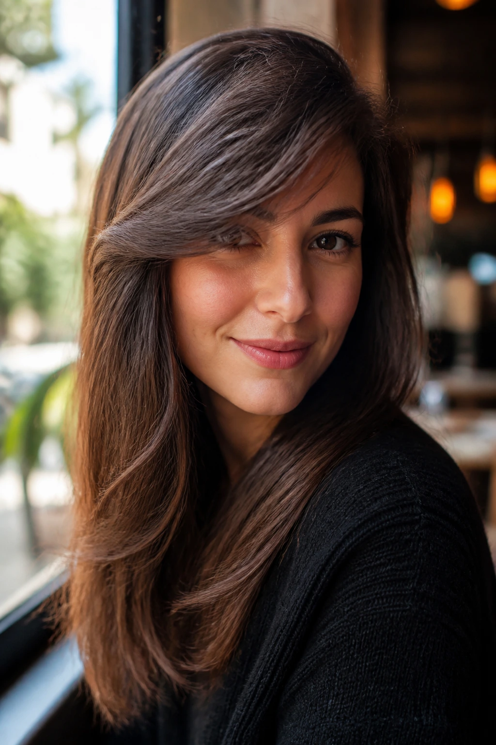 Portrait of side-swept bangs across brow on real person.