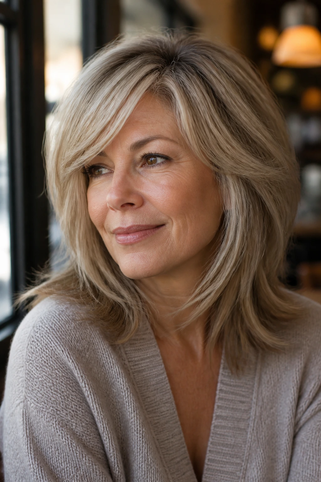 Close-up portrait of a woman with side-swept bangs following a deep diagonal.