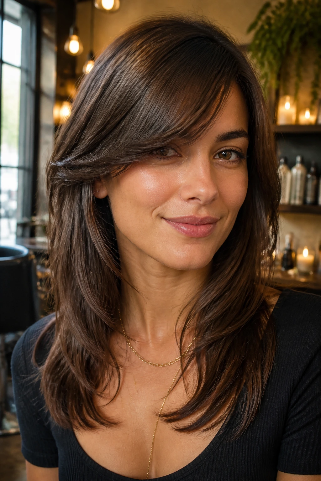 Close-up portrait of a real woman with side-swept bangs and face-framing layers in a cozy salon