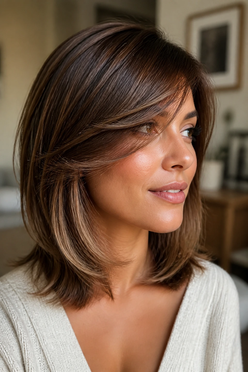 Close-up portrait of a real woman with side-swept bangs and feathered ends