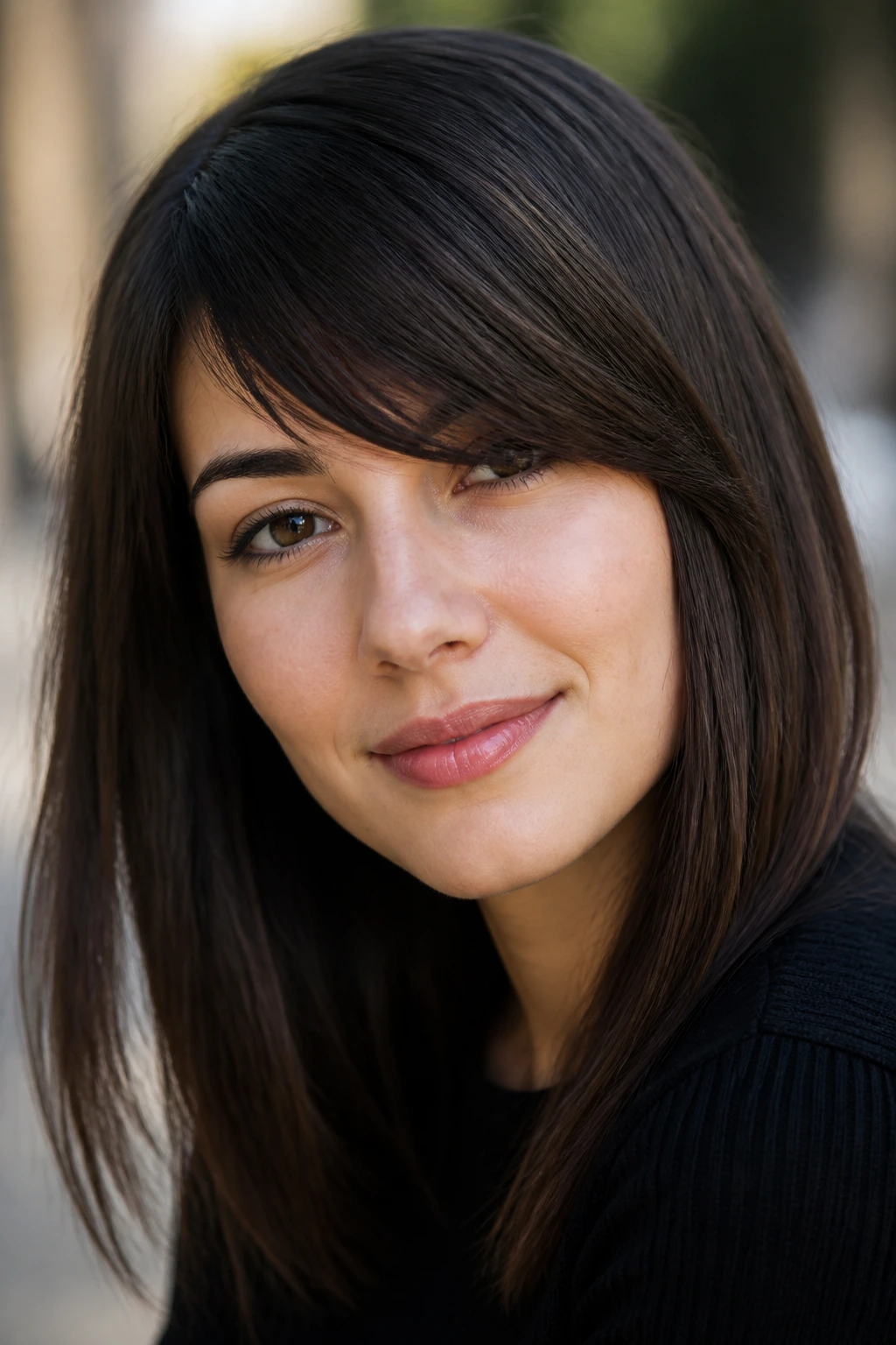 Portrait of a real person with a side-swept fringe across the forehead