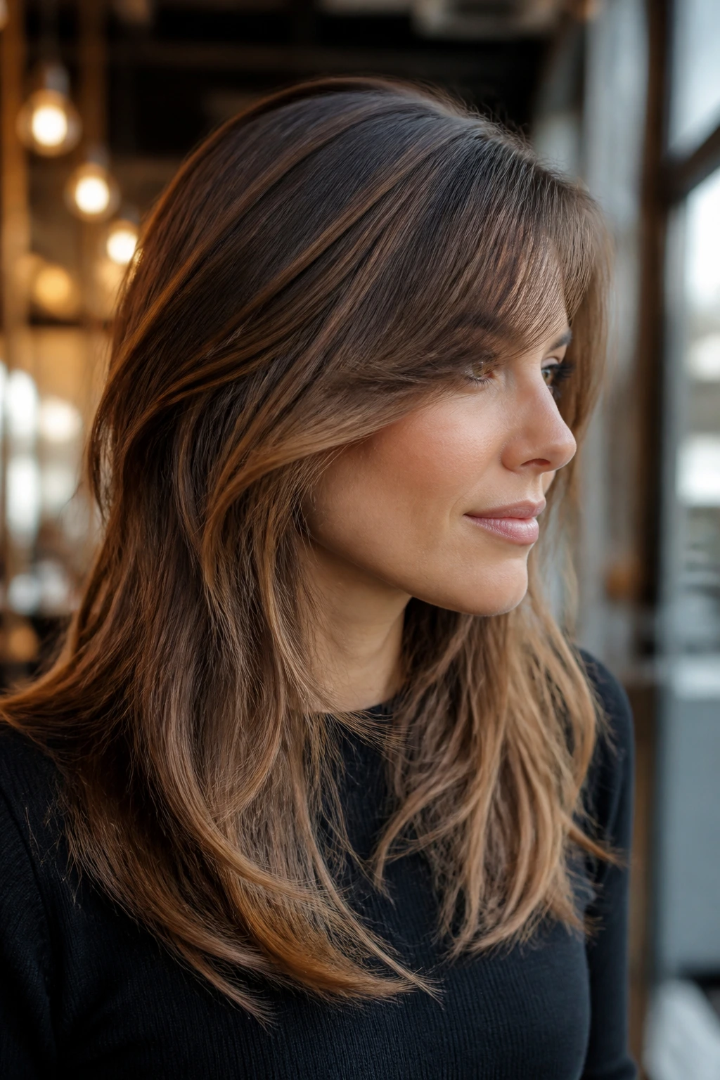 Profile view of real woman with side-swept bangs