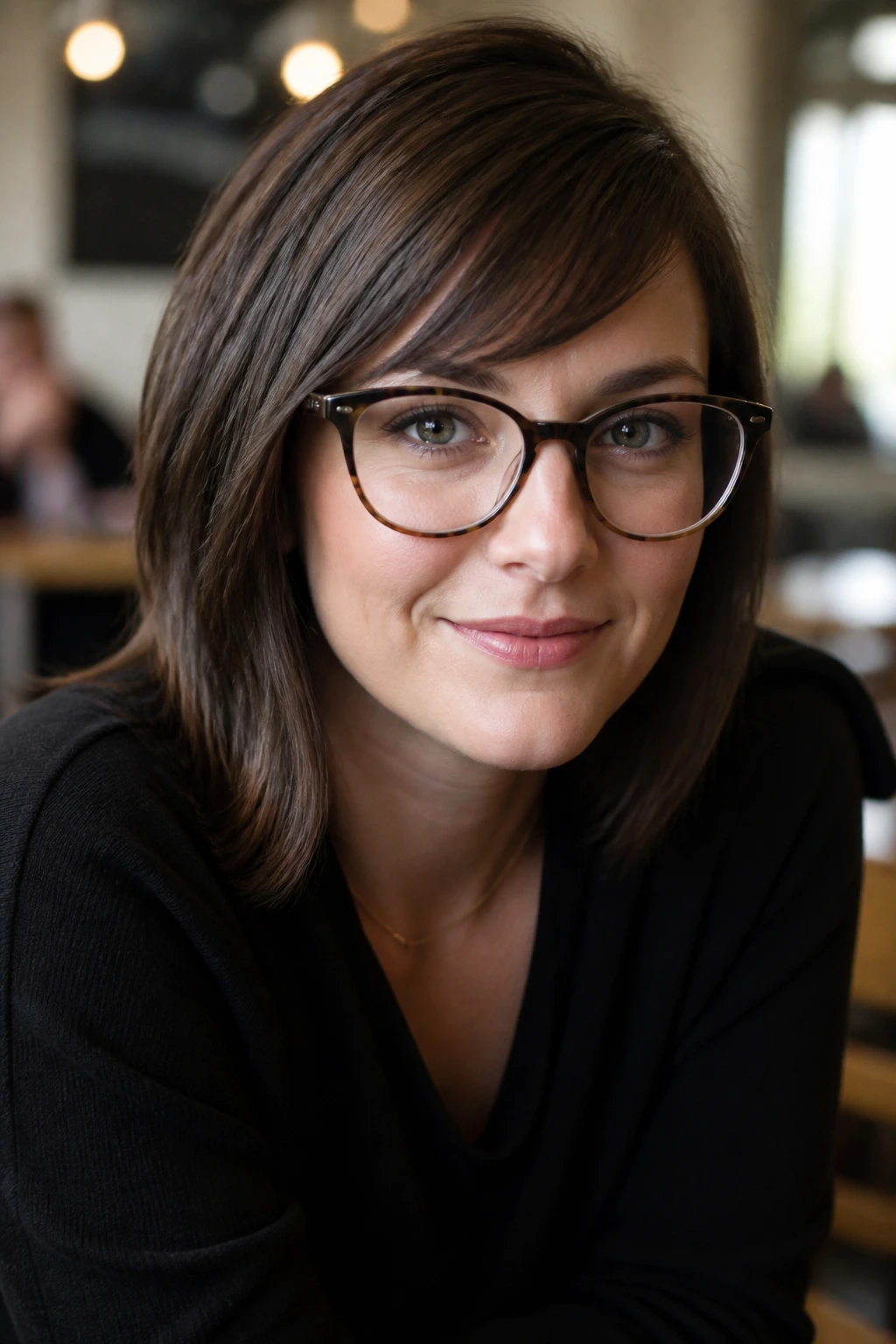 Portrait of side-swept bangs clearing the top rim of glasses.