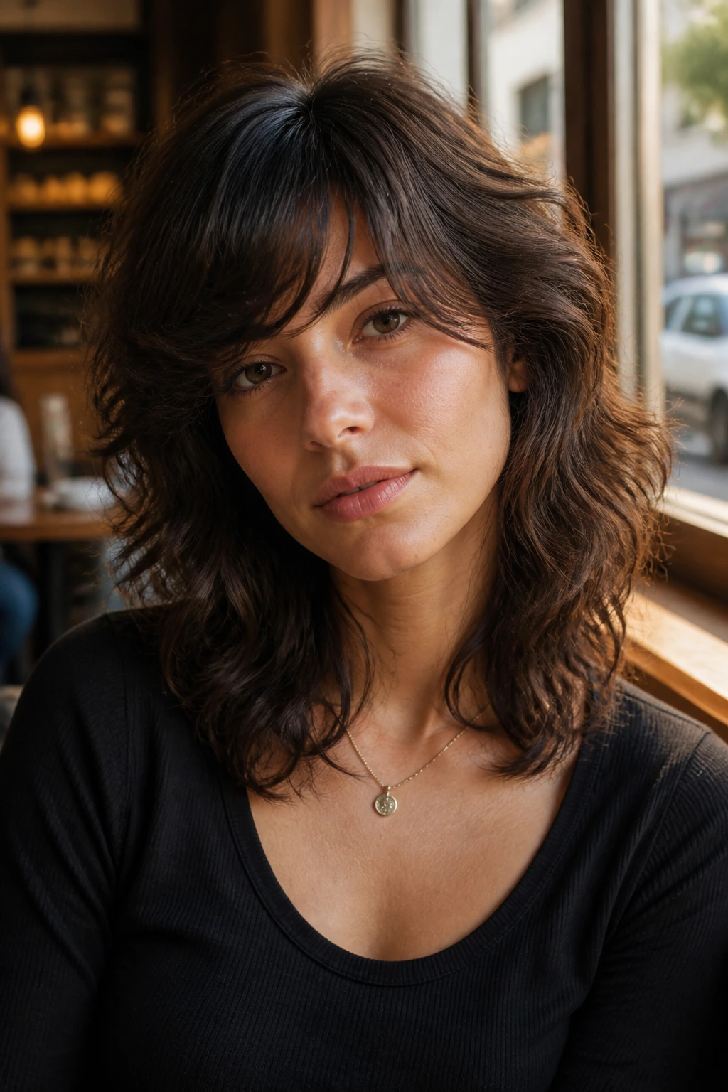 Real person with side-swept bangs in Italian shag hairstyle