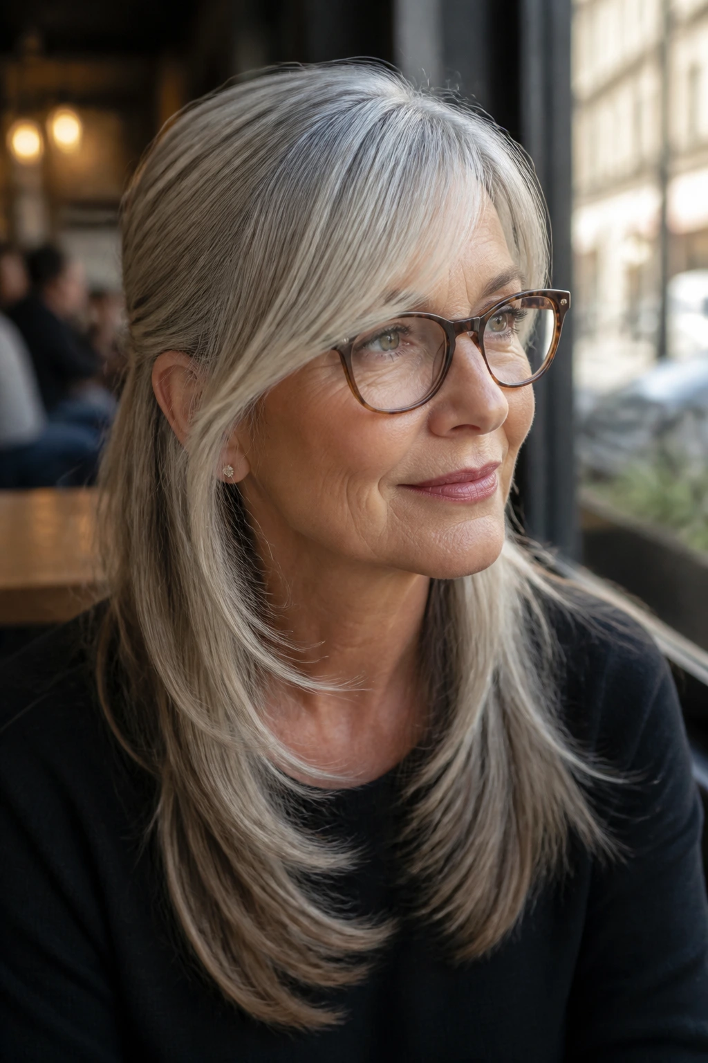 Close-up of real woman with side-swept bangs and face-framing layers