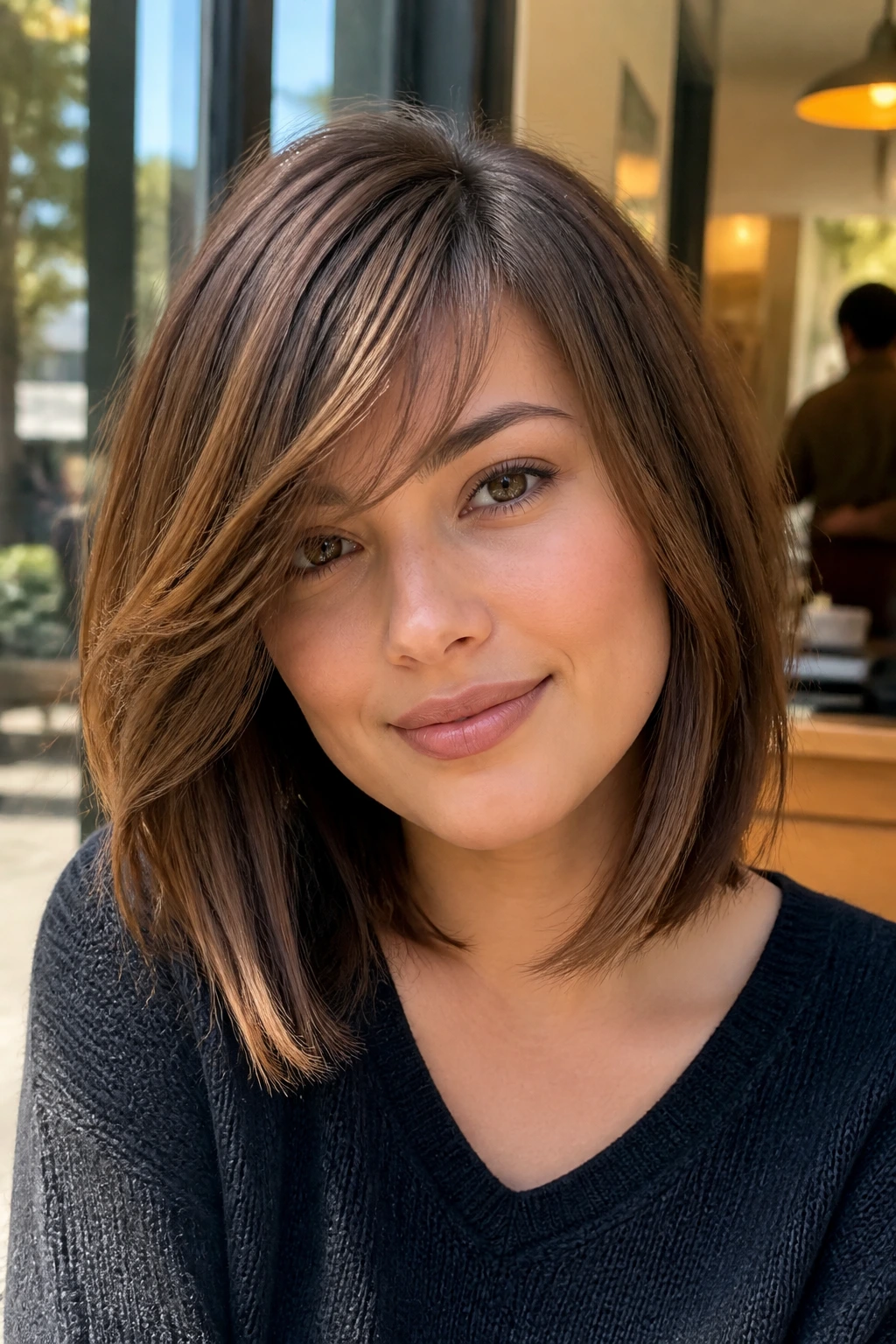 Portrait of a woman with a side-swept bang lob, diagonal fringe across forehead.