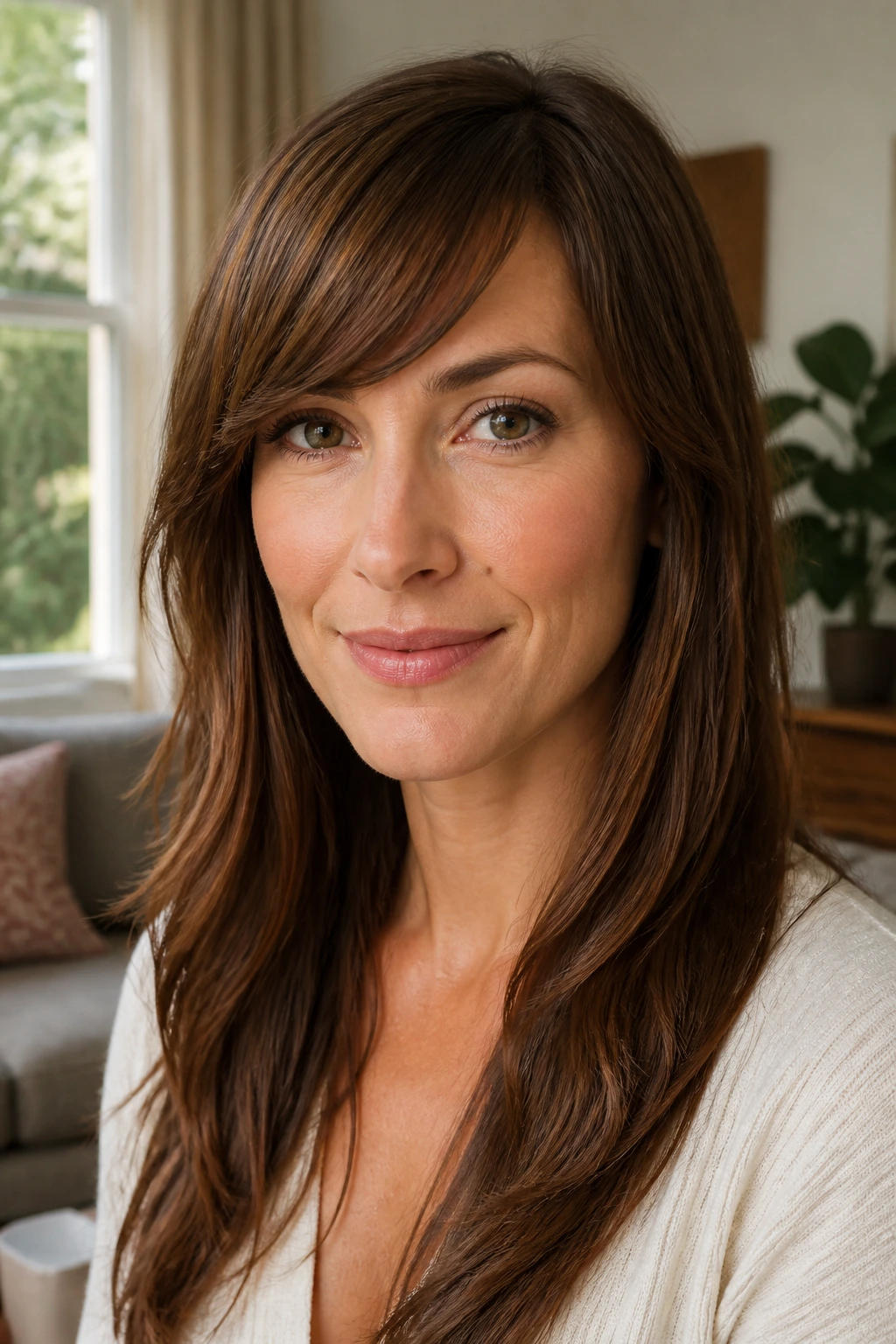 Close-up portrait of person with side swept bangs on a long face