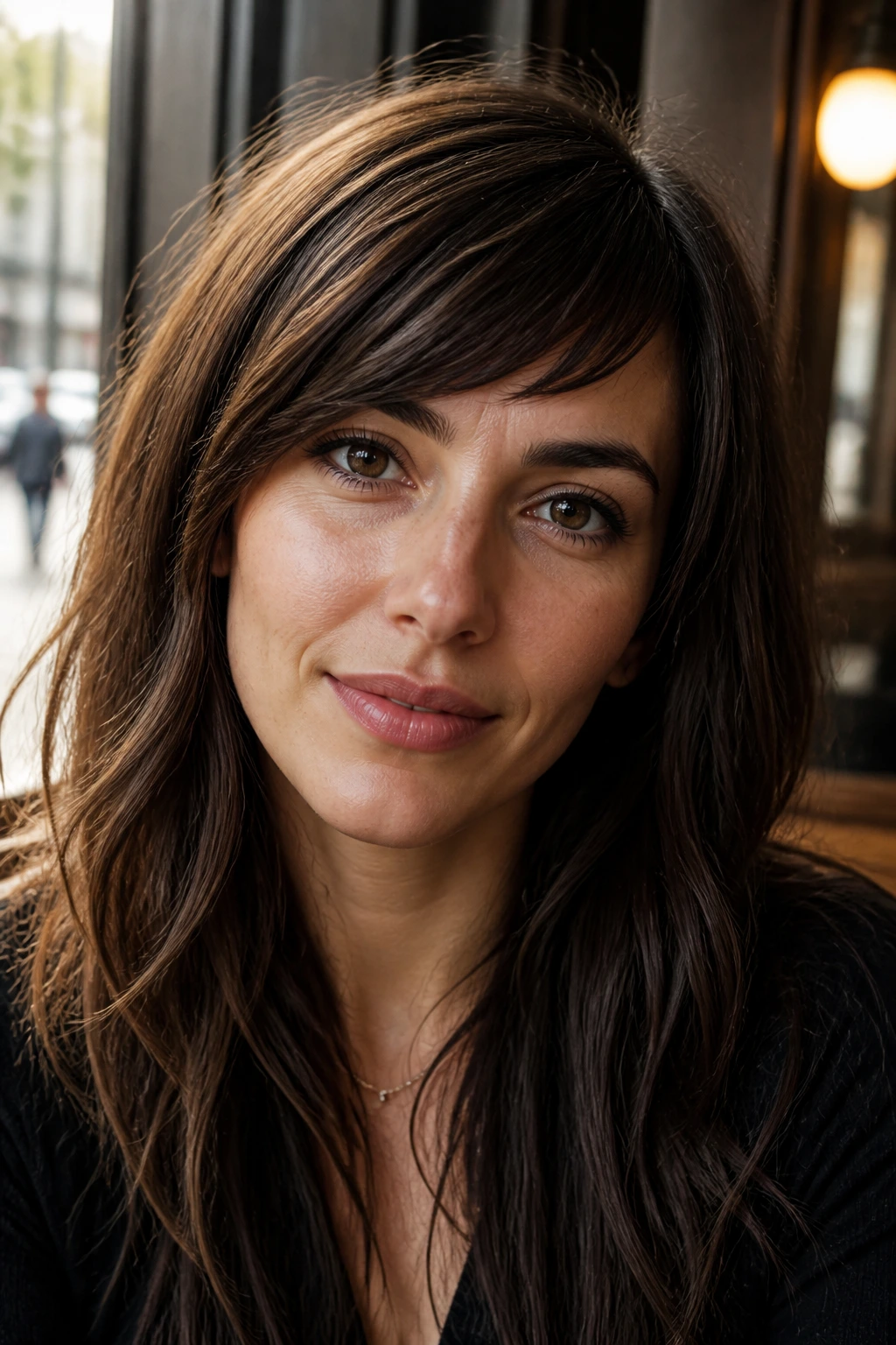 Close-up of a real woman with side-swept choppy bangs in warm cafe window light