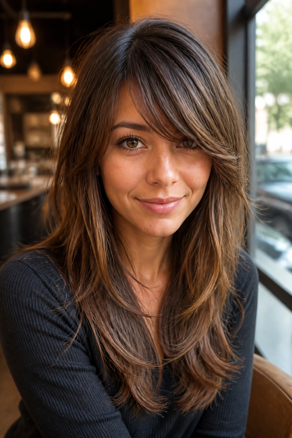 Close-up of a real woman with side-swept bangs and long layers