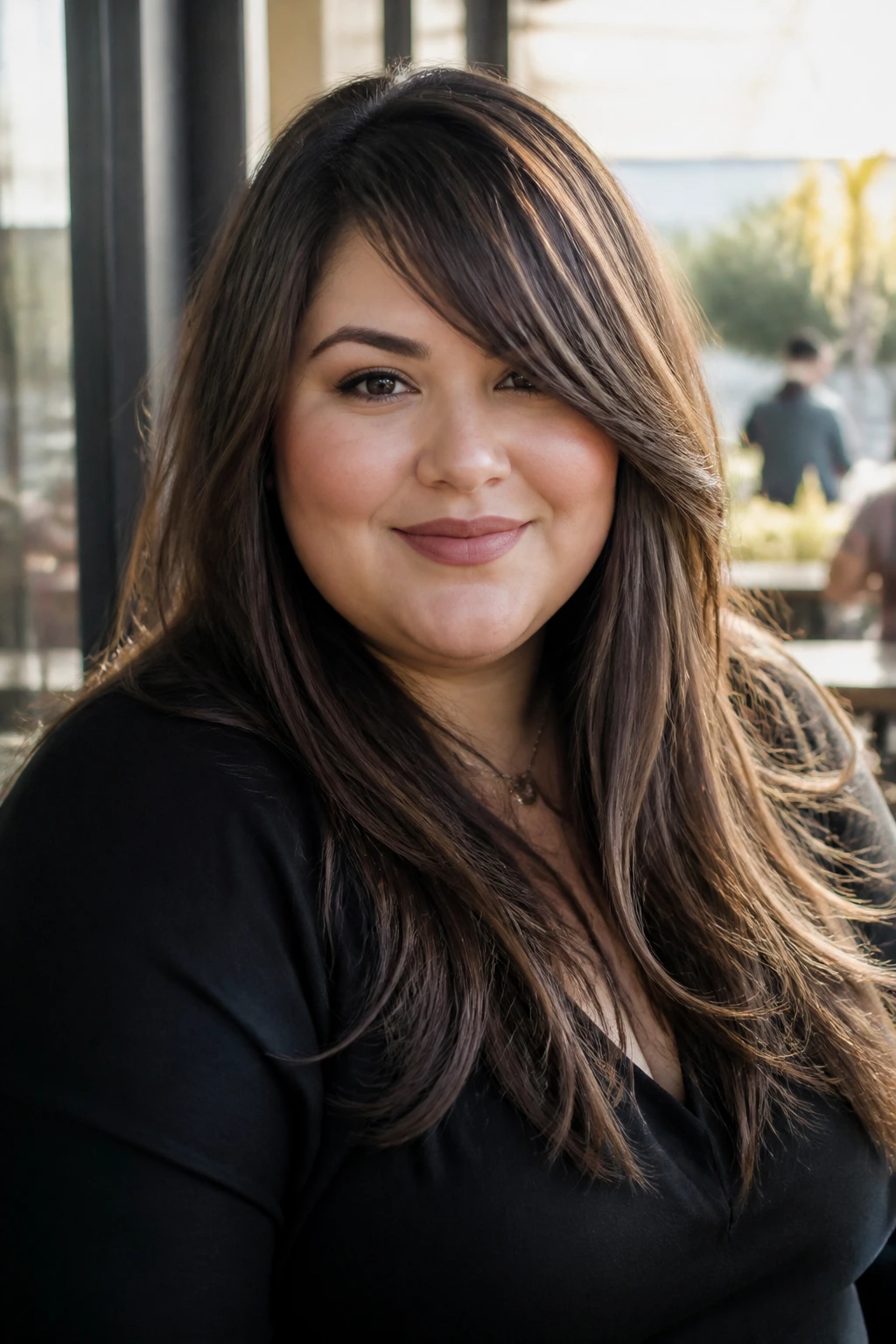Real woman with side-swept bangs and long layered hair.