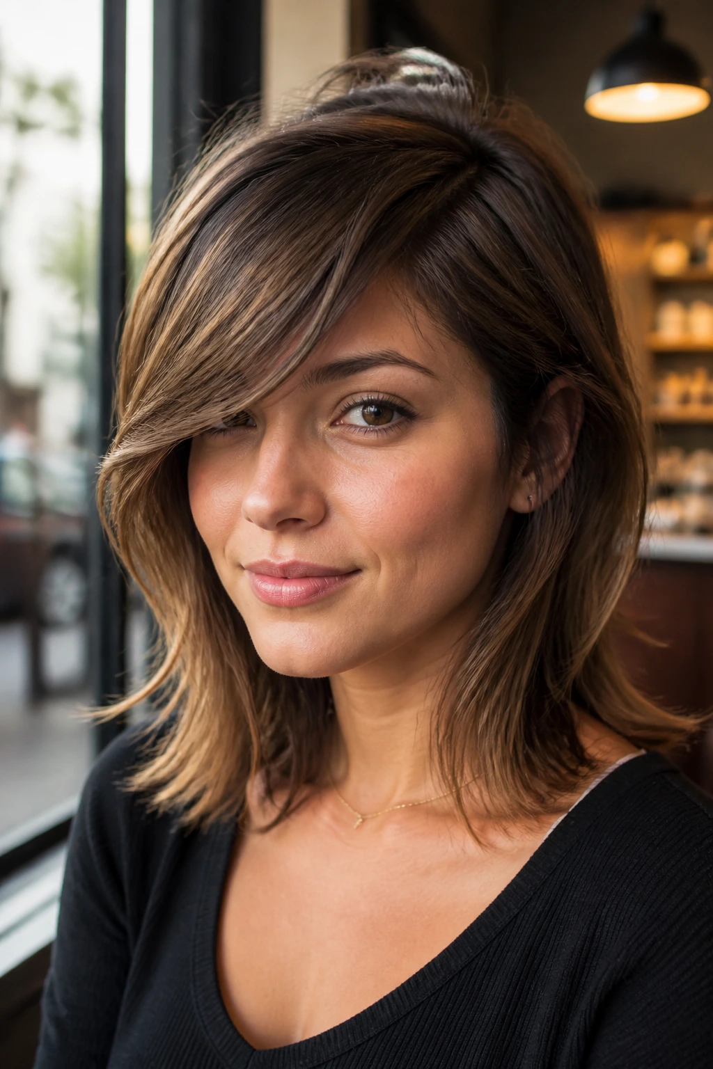 Close-up of side-swept bangs on a real woman with medium-length hair