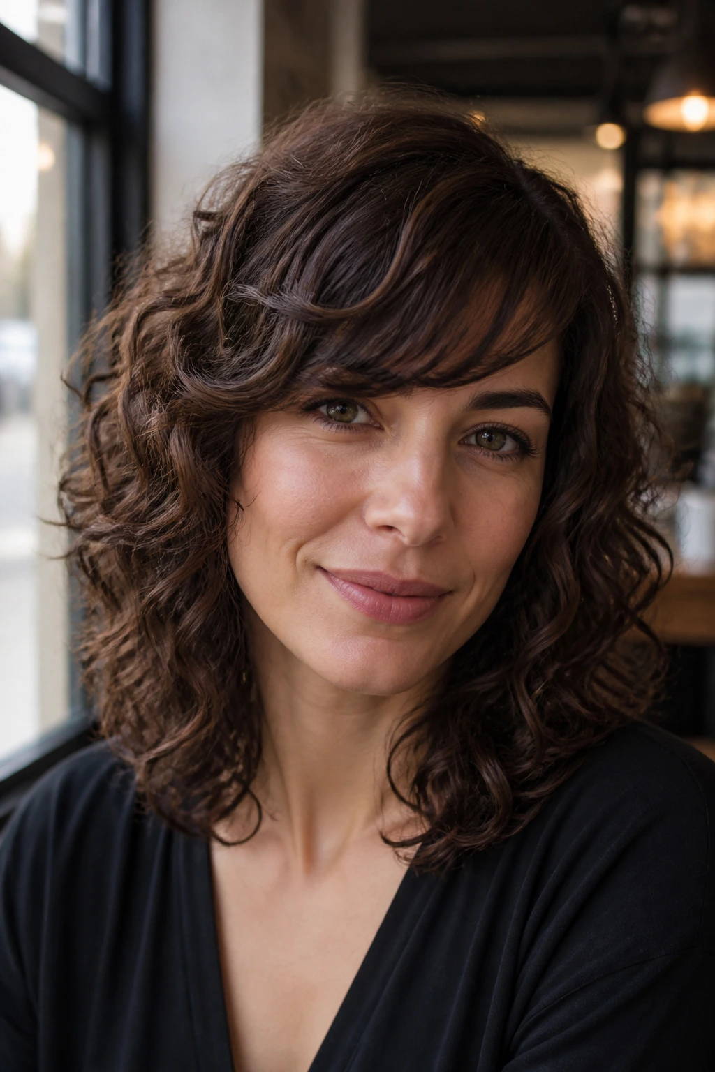 Medium close-up woman with side-swept bangs and mid-length curls