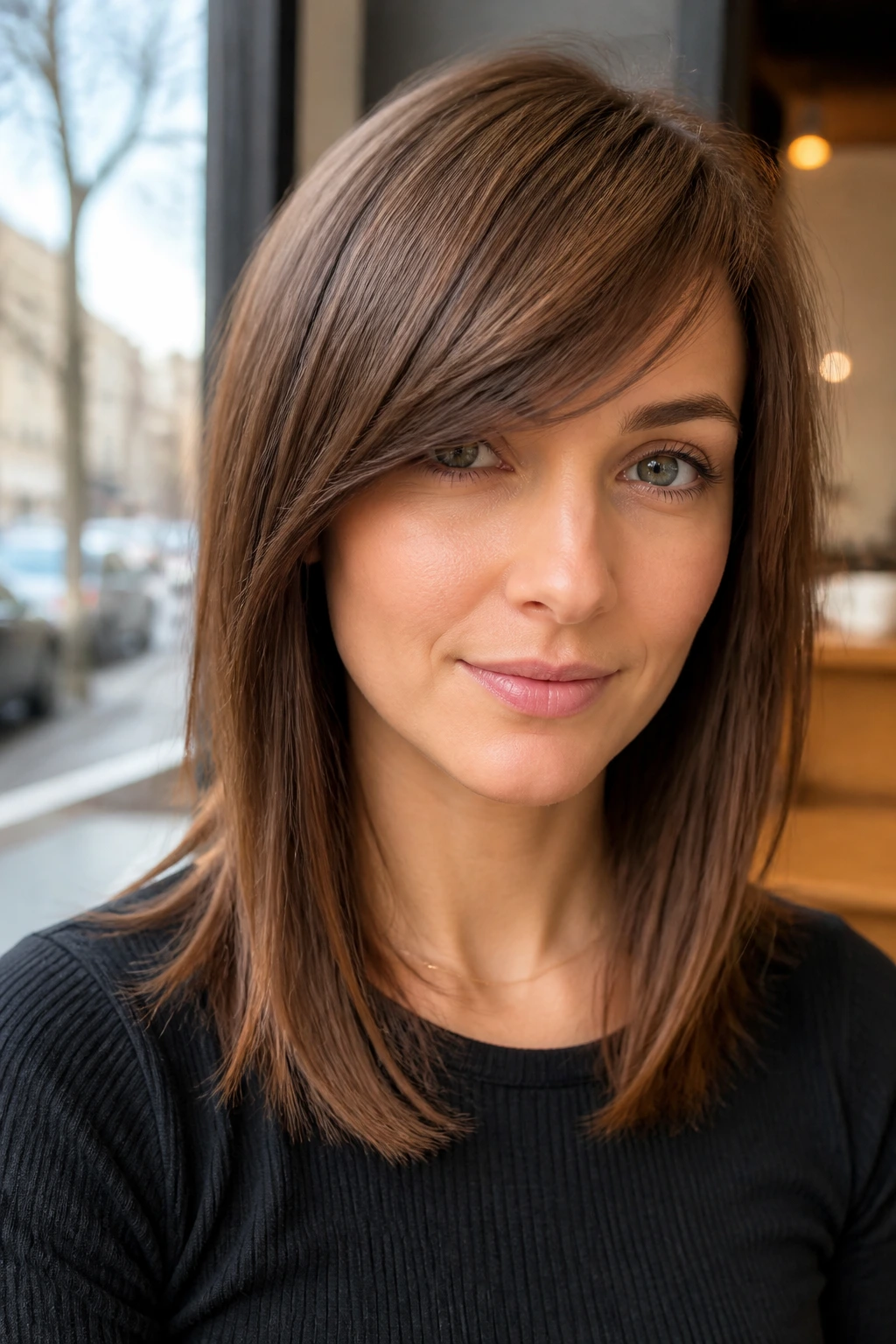 Real woman with side-swept bangs and midi-length hair in a cafe setting.