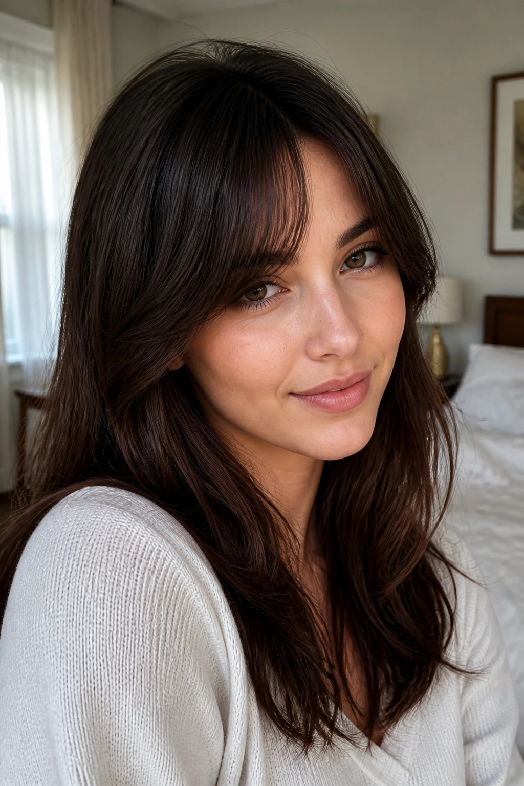 Close-up of a real woman with off-center side-swept curtain bangs under natural window light