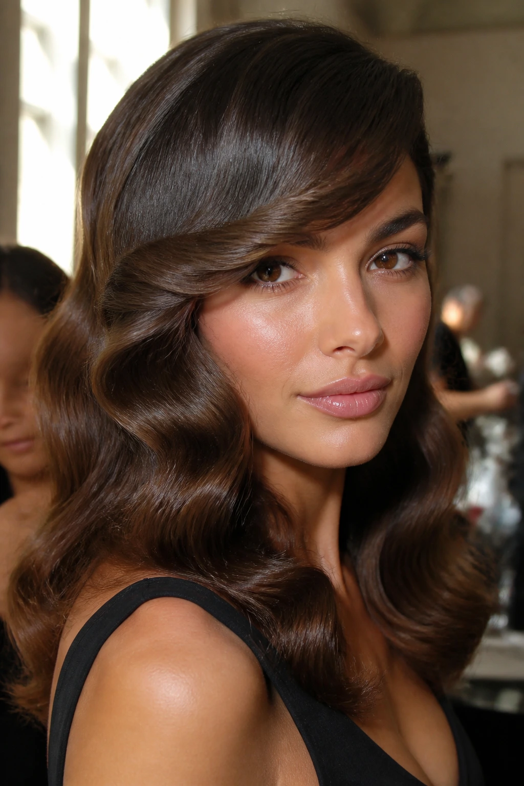Close-up portrait of a real person with side-swept bangs and polished Hollywood waves under warm window light