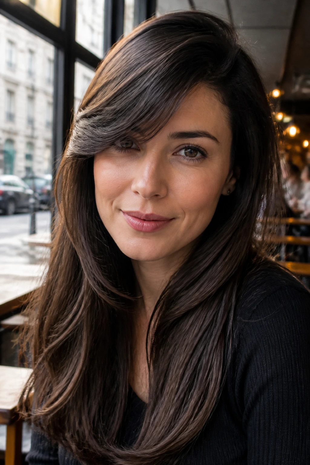 Woman with deep side part side-swept bangs by a cafe window