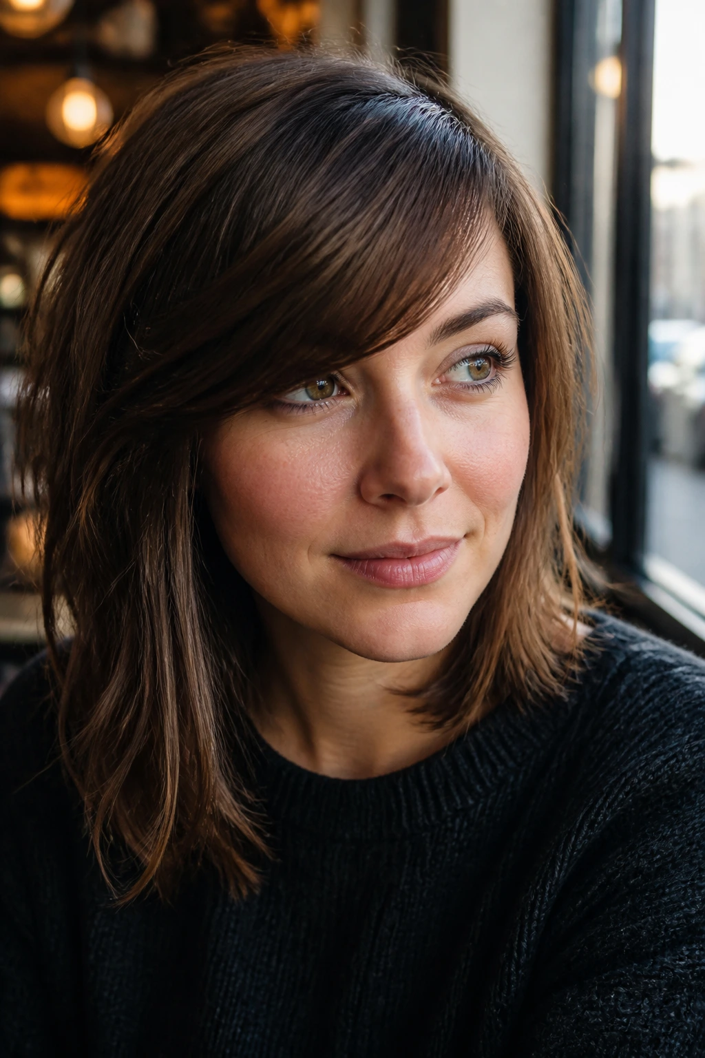Close-up of a real person with side-swept bangs across the forehead