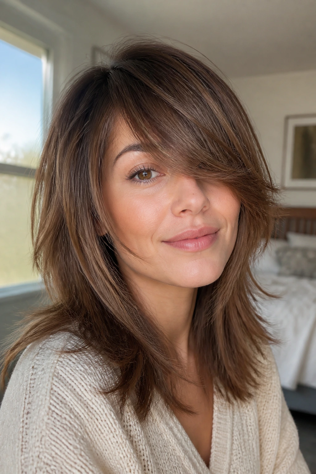 Close-up portrait of a real woman with side-swept bangs shag in natural window light