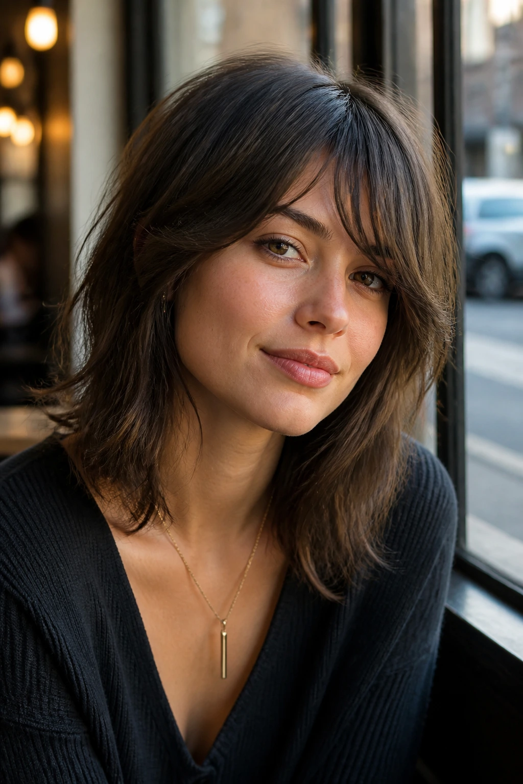 Real woman with a side-swept bang shag, photographed at a cafe window in daylight.
