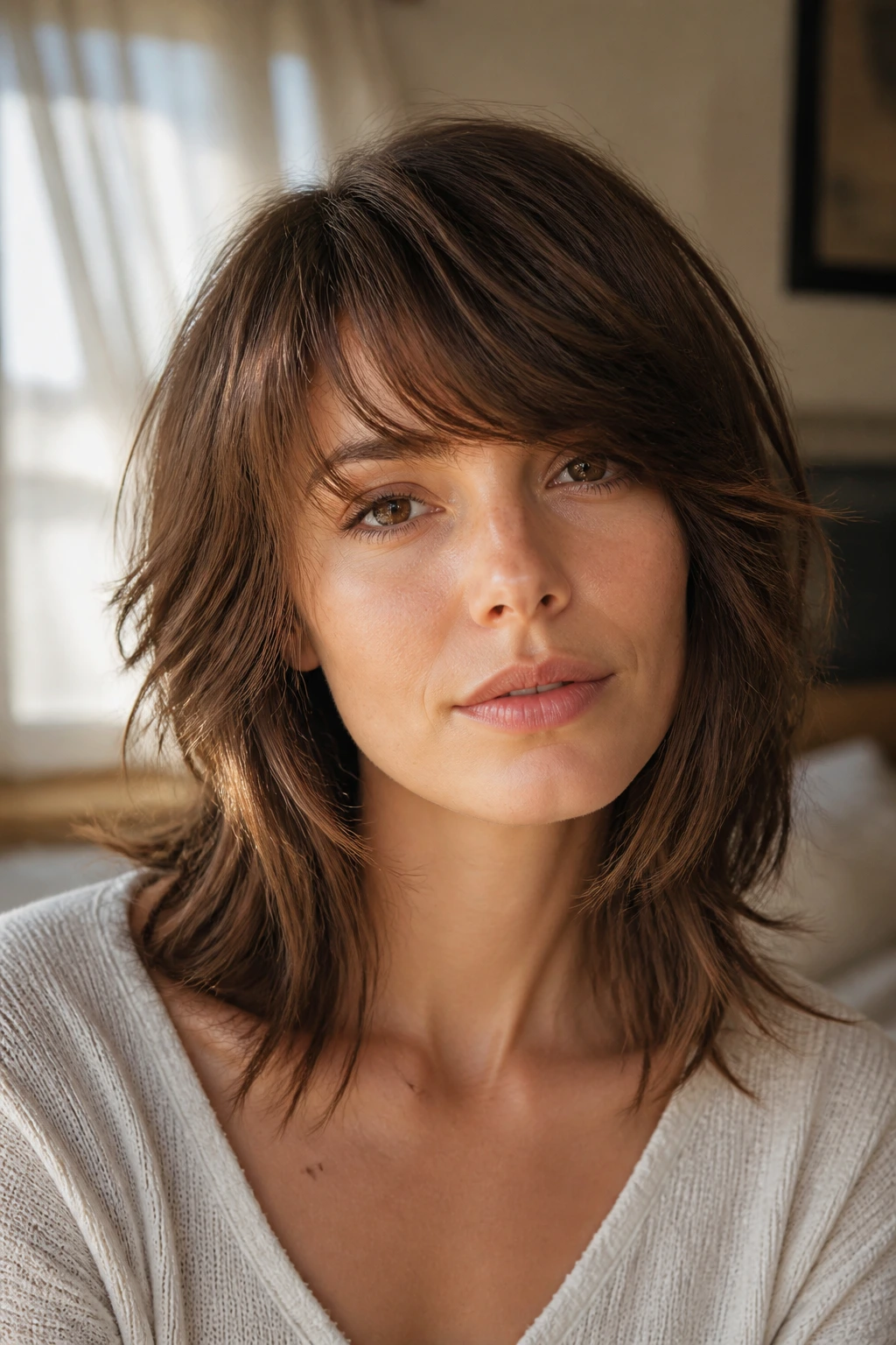 Close-up portrait of a woman with side-swept bangs shag in warm window light