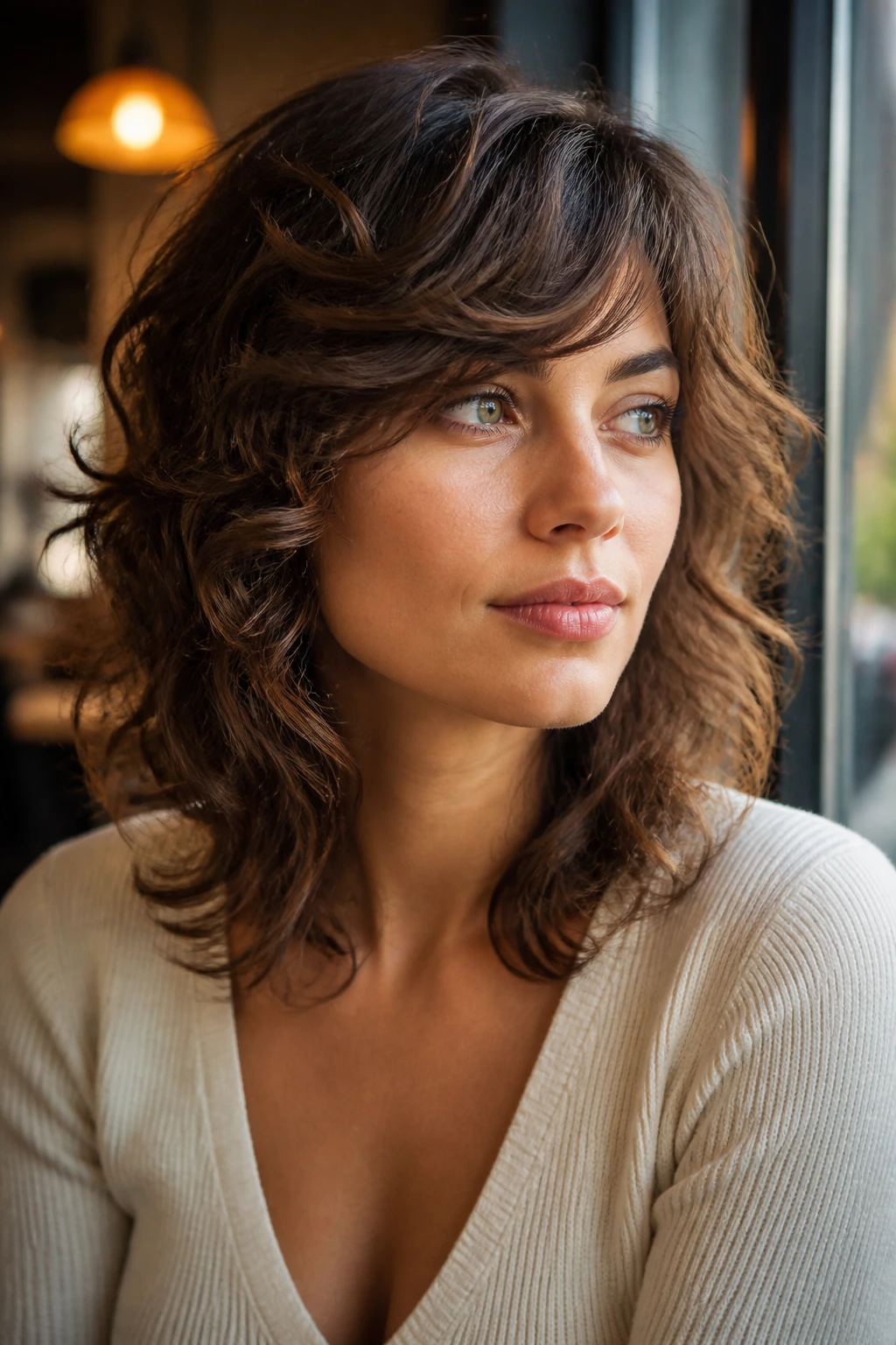 Portrait of a real woman with side-swept bang shag in warm cafe light