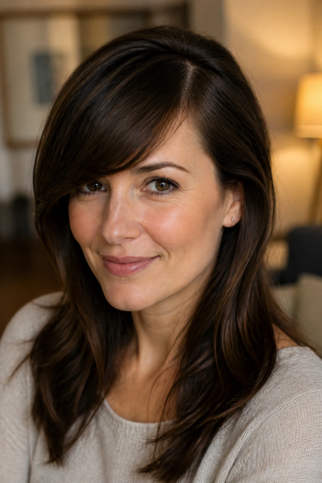 Real woman with side-swept bangs and a side part.
