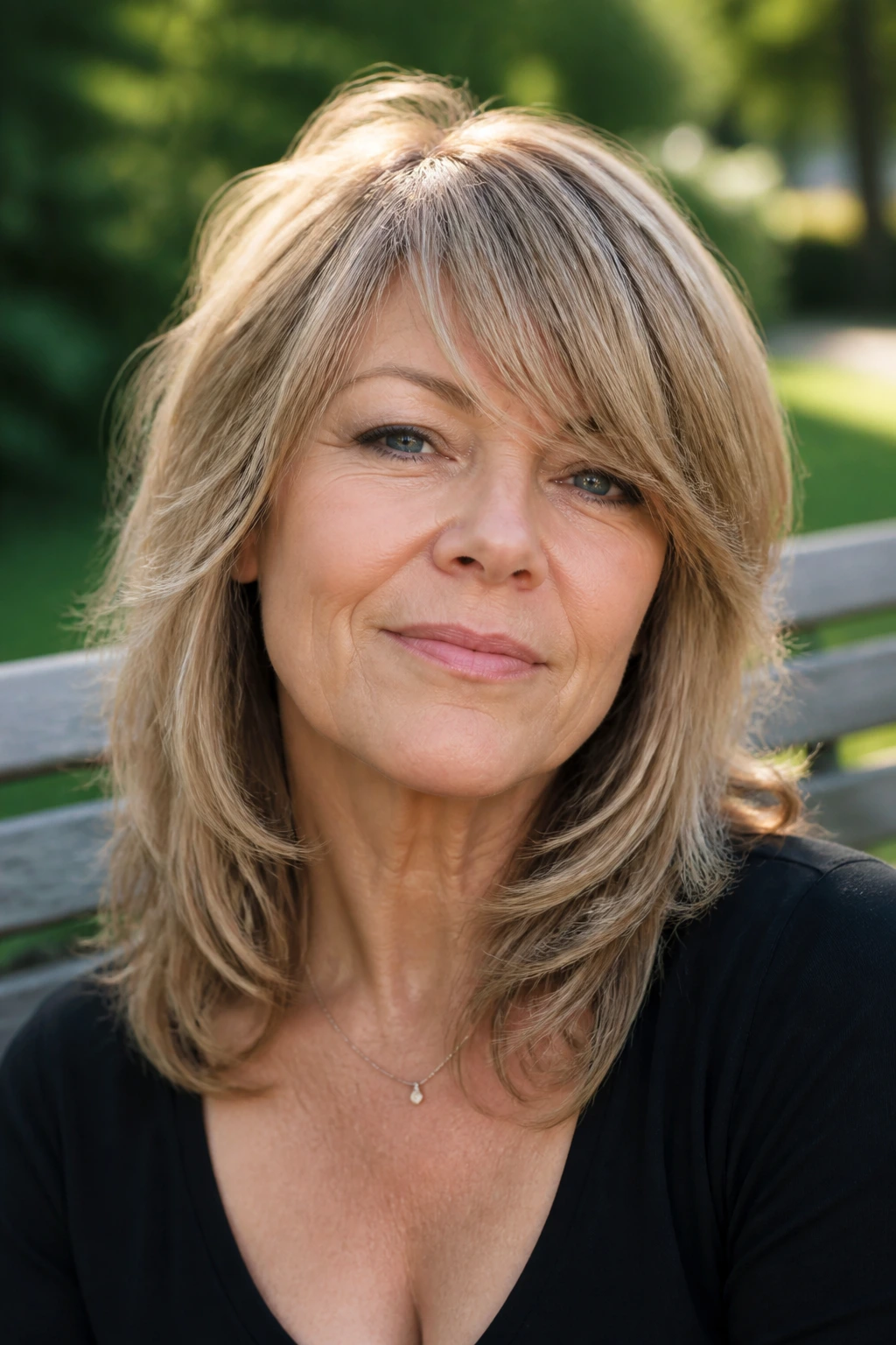 Woman with side-swept bangs and soft layers seated on a park bench in daylight.