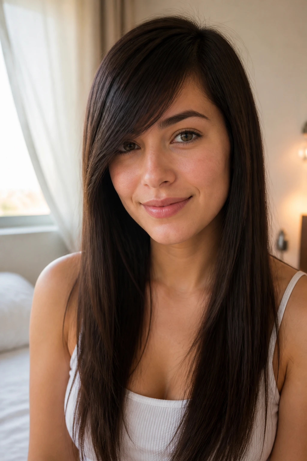 Close-up of a real woman with side-swept bangs on thick straight hair