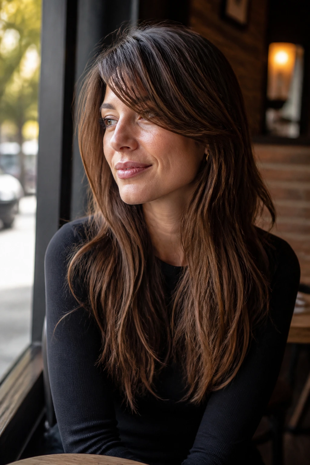 Close-up of a woman with a soft side-swept curtain fringe in a warm-lit cafe setting
