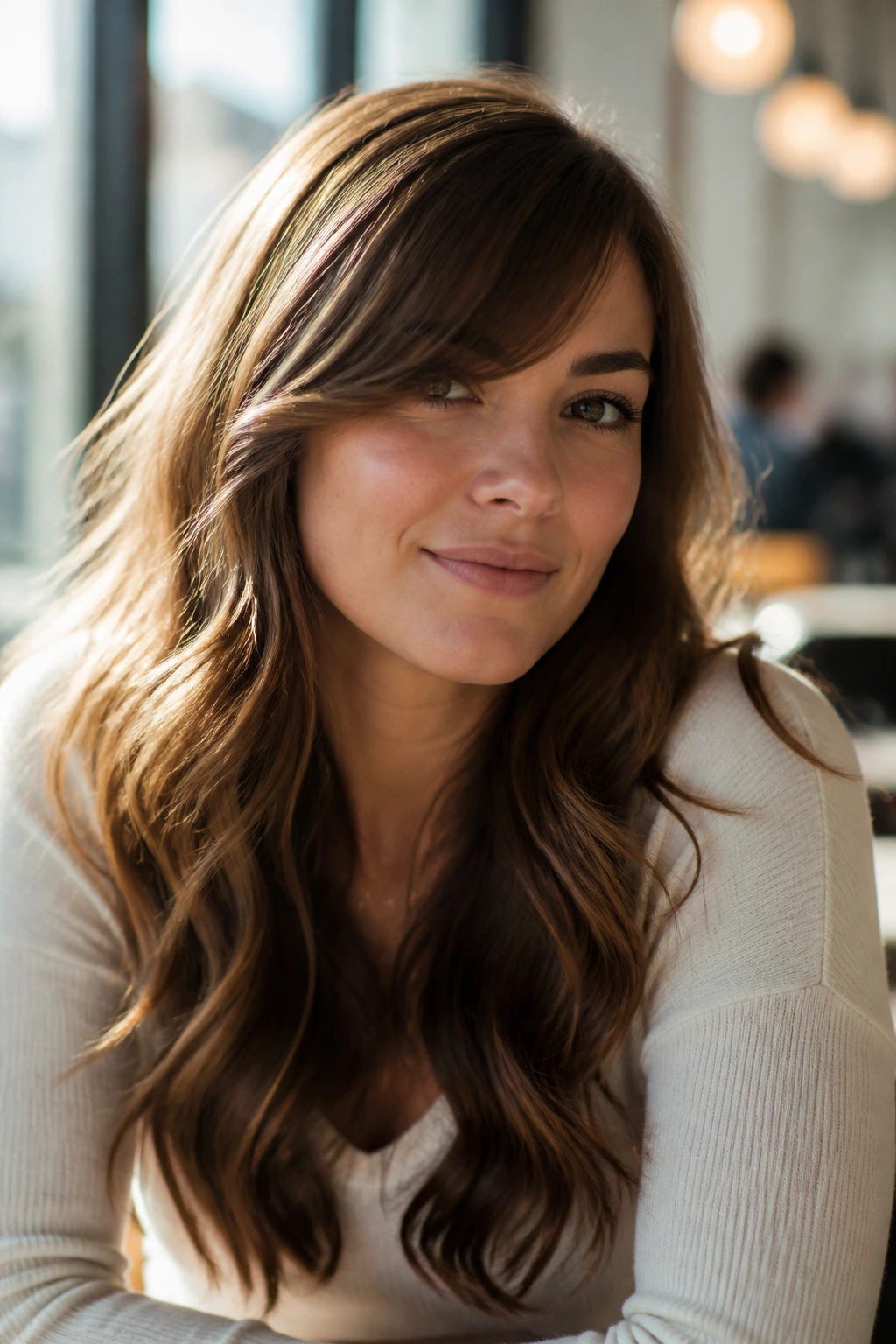 Portrait of a real woman with side-swept bangs and soft waves