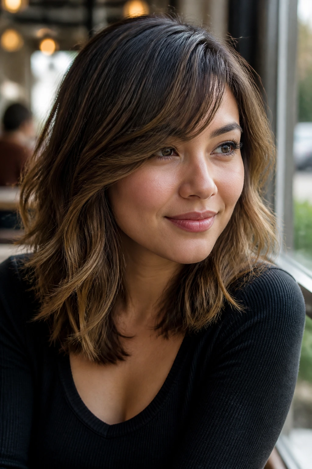 Close-up of a real woman with side-swept bangs and shoulder-length waves
