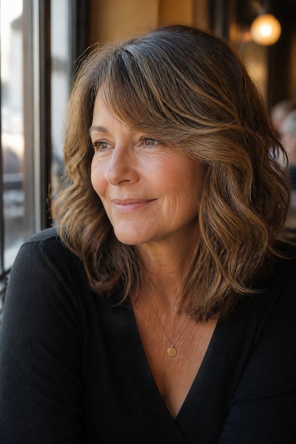 Real woman with side-swept bangs and waves opening the face in warm window light
