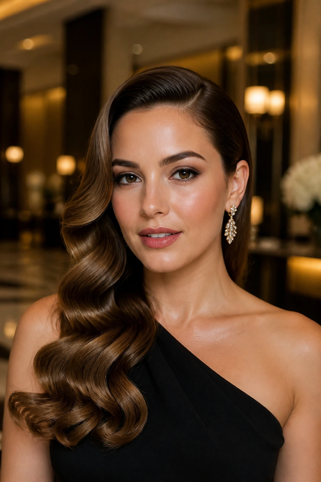 Portrait of a real person with side-swept barrel waves hairstyle.