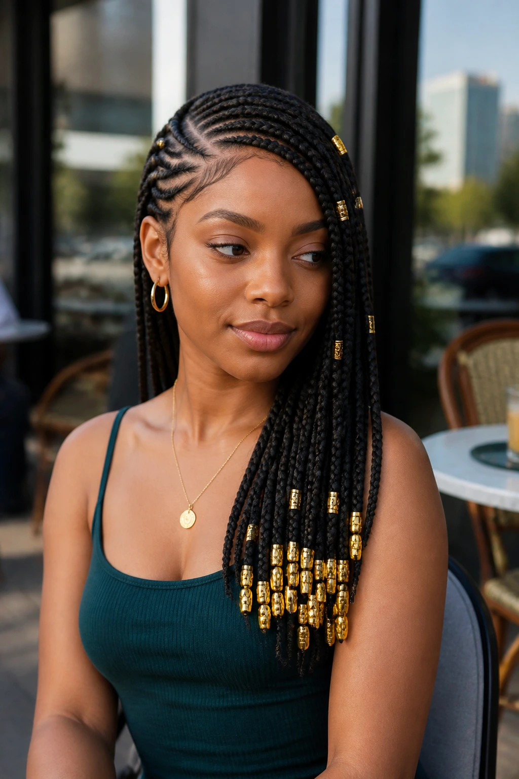 Close-up of side-parted tribal braids with gold bead accents on a real person.