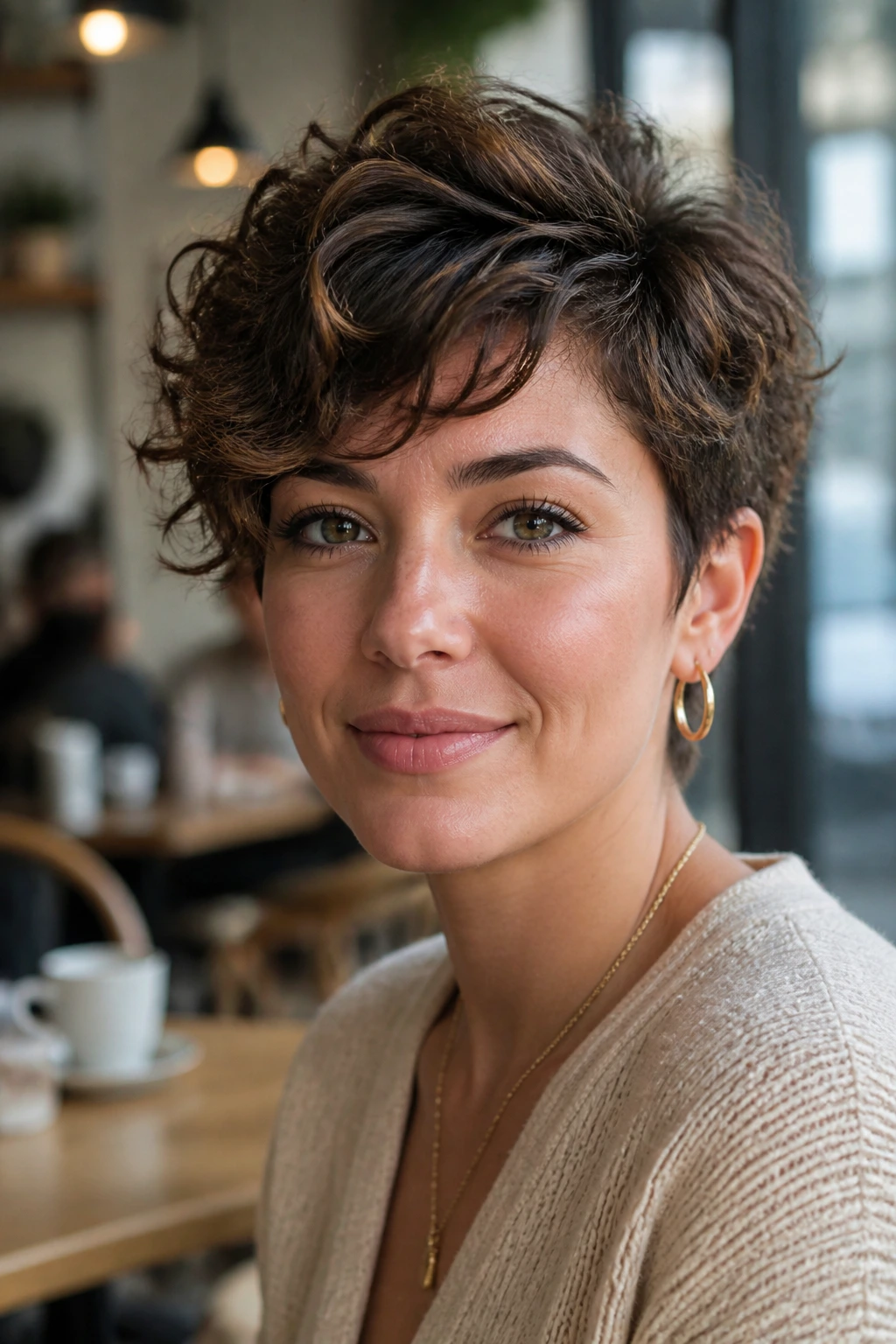 Portrait of a woman with side-swept bixie hairstyle.