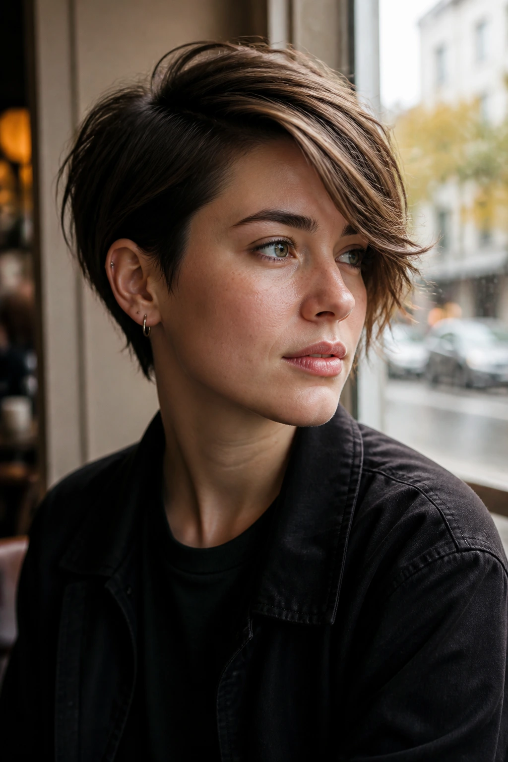 Three-quarter portrait of Side-Swept Bixie hairstyle on a real person