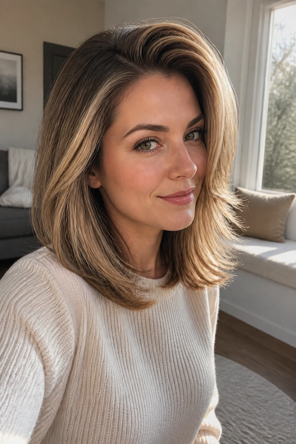 Close-up portrait of a real woman with a side-swept blowout hairstyle