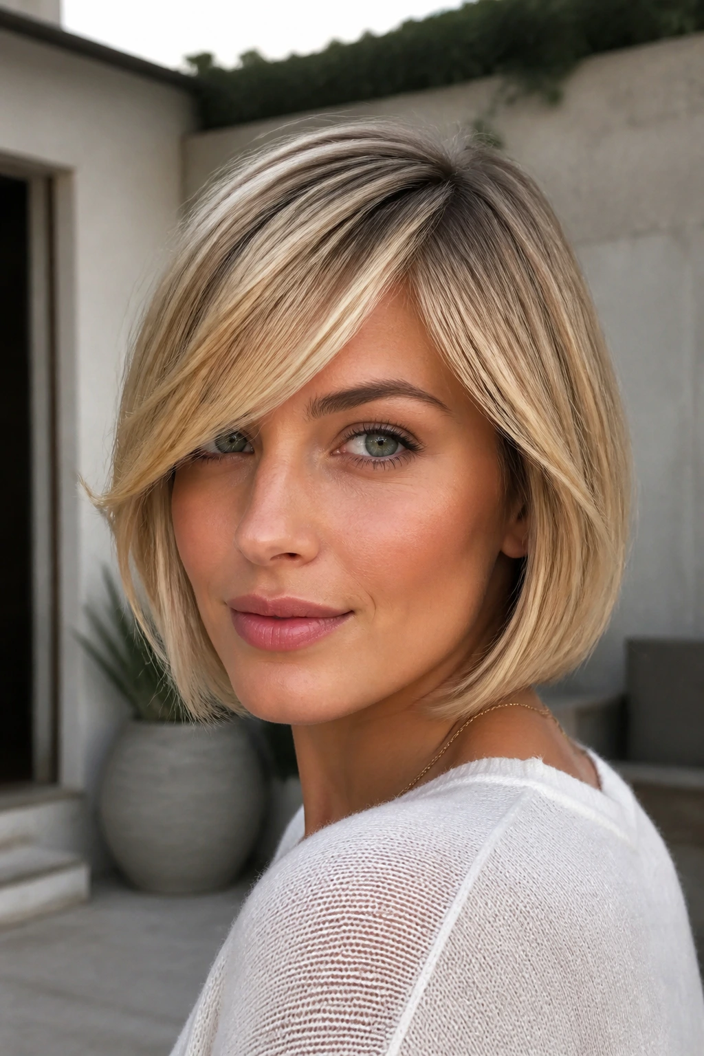 Close-up portrait of a woman with a side-swept bang bob showing fringe blending into the front pieces.