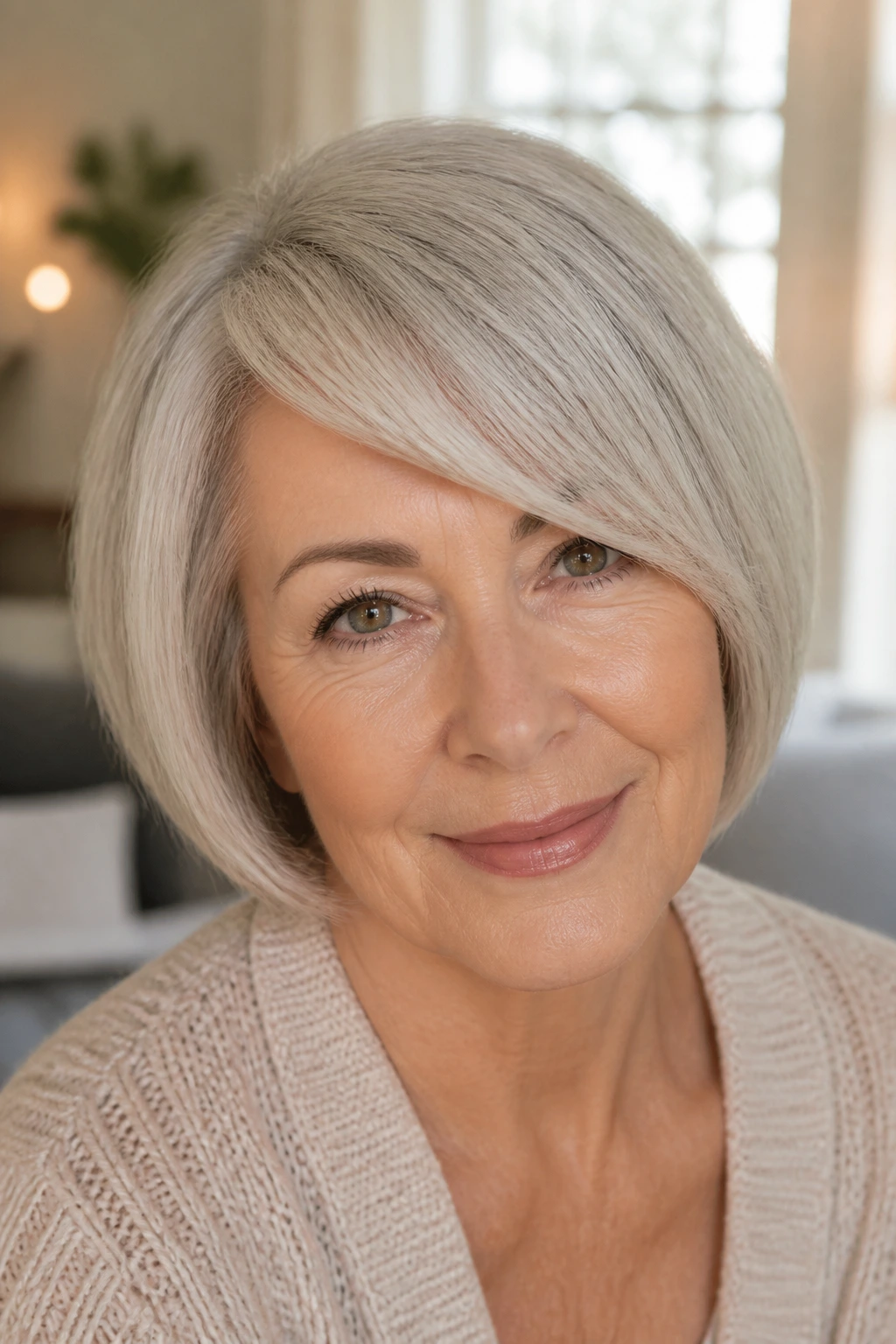 Close-up portrait of a real woman with a side-swept fringe bob in natural window light