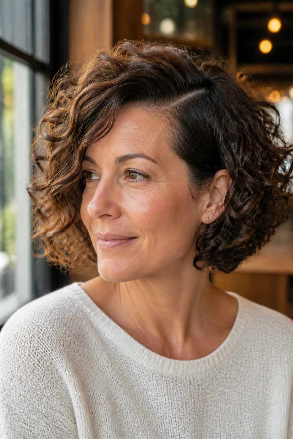 Portrait of a real woman with a deep-part side-swept bob in natural light
