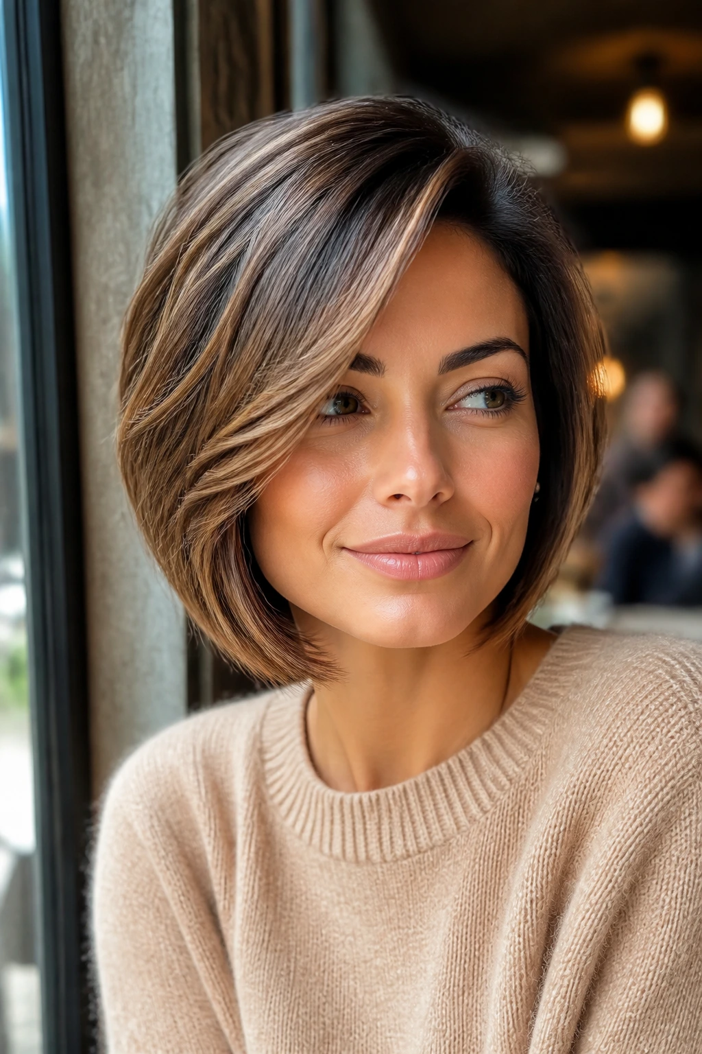 Close-up of real woman with side-swept layered bob and face-framing pieces.