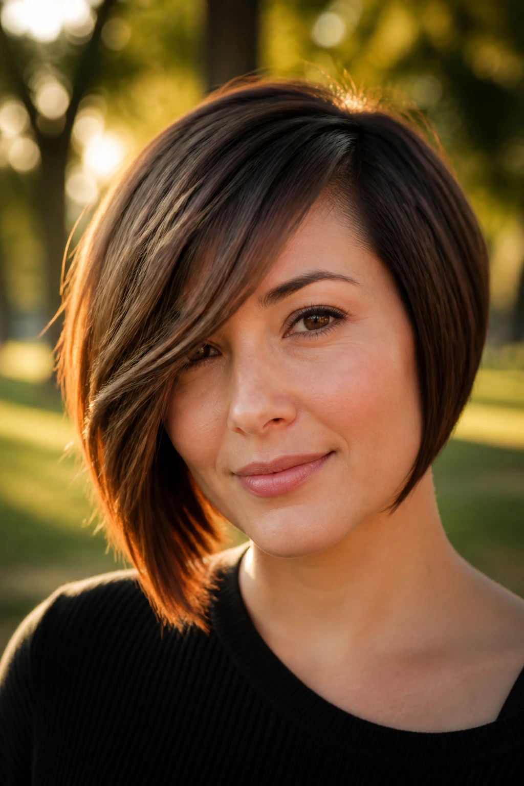 Portrait of a real woman with a side-swept bob outdoors at golden hour.