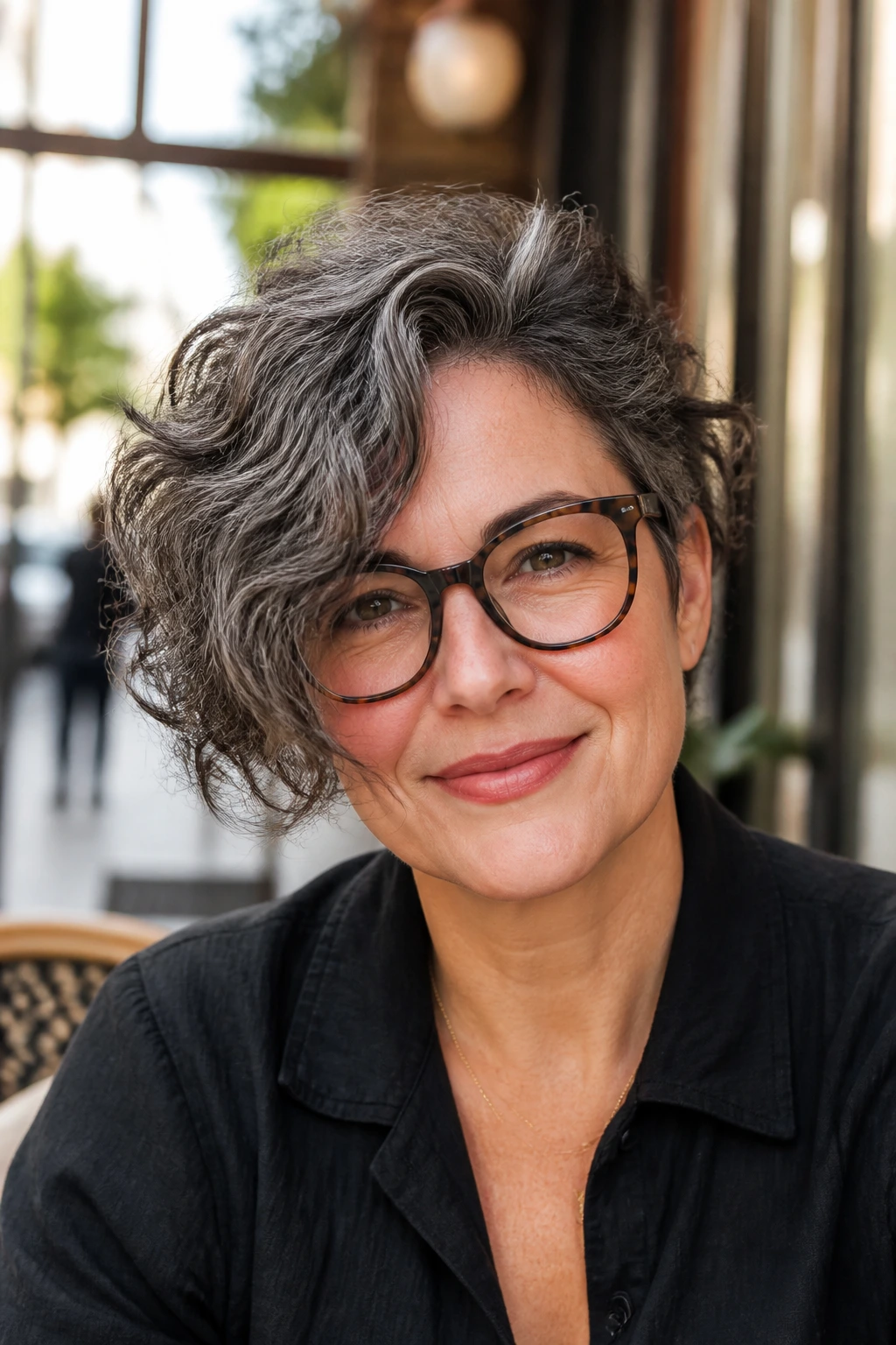 Portrait of a woman with a side-swept bob creating vertical lines and elongating the face.