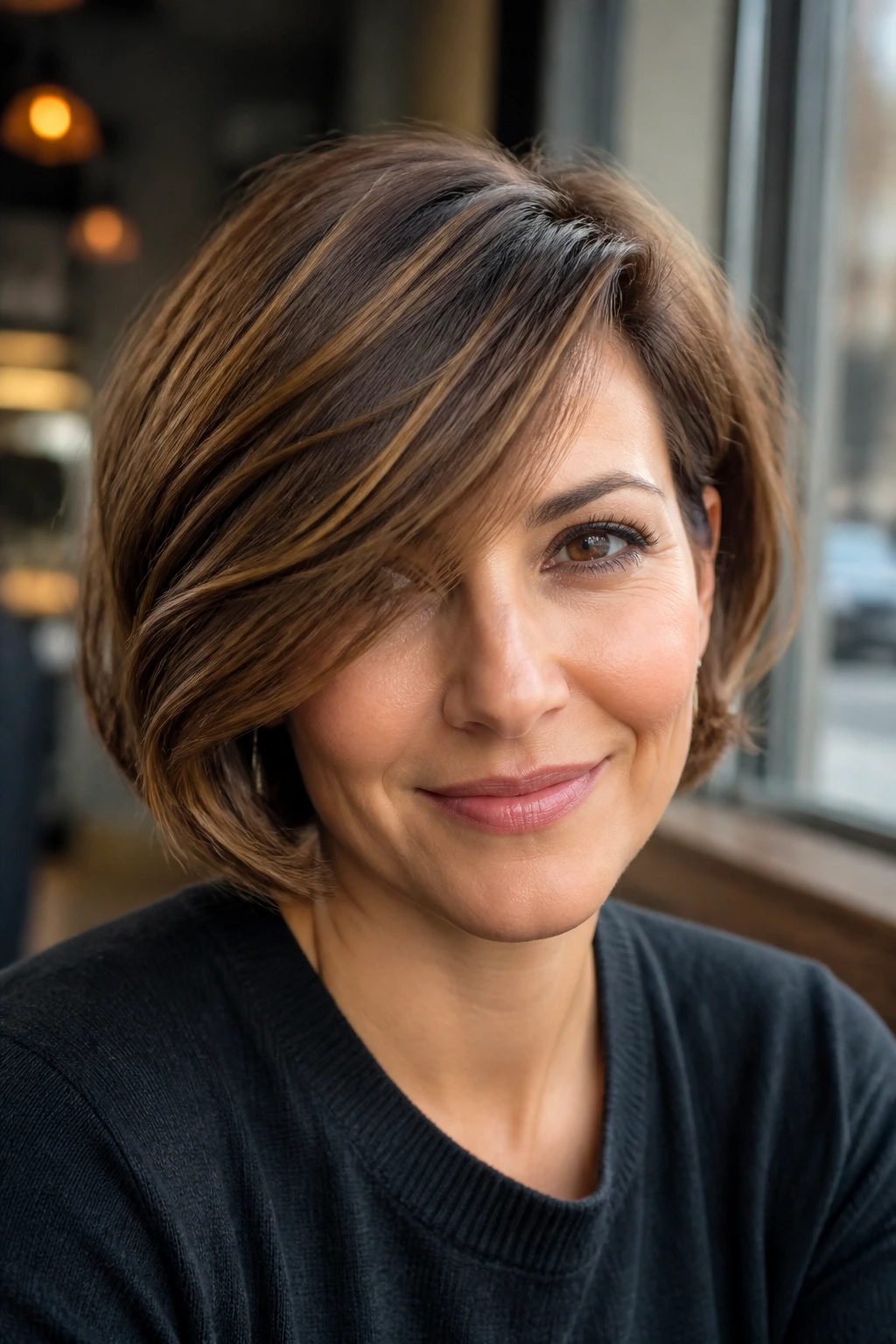 Close-up of a woman with a side-swept bob tucked ends