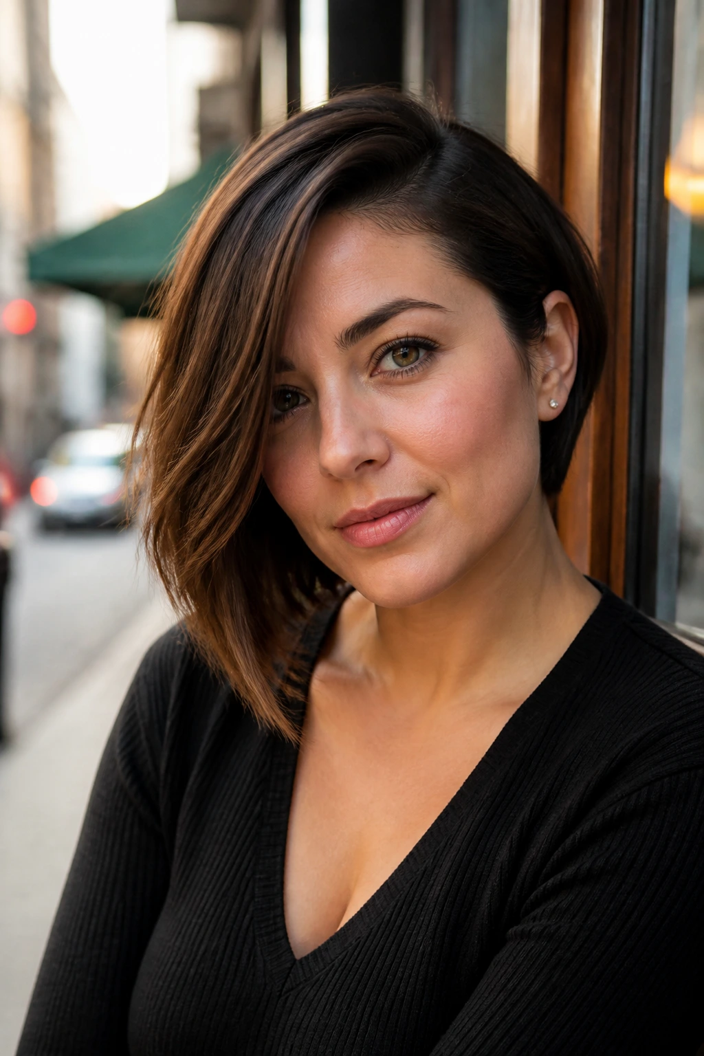 Portrait of a woman with a side-swept bob tucked behind her ear in a cafe