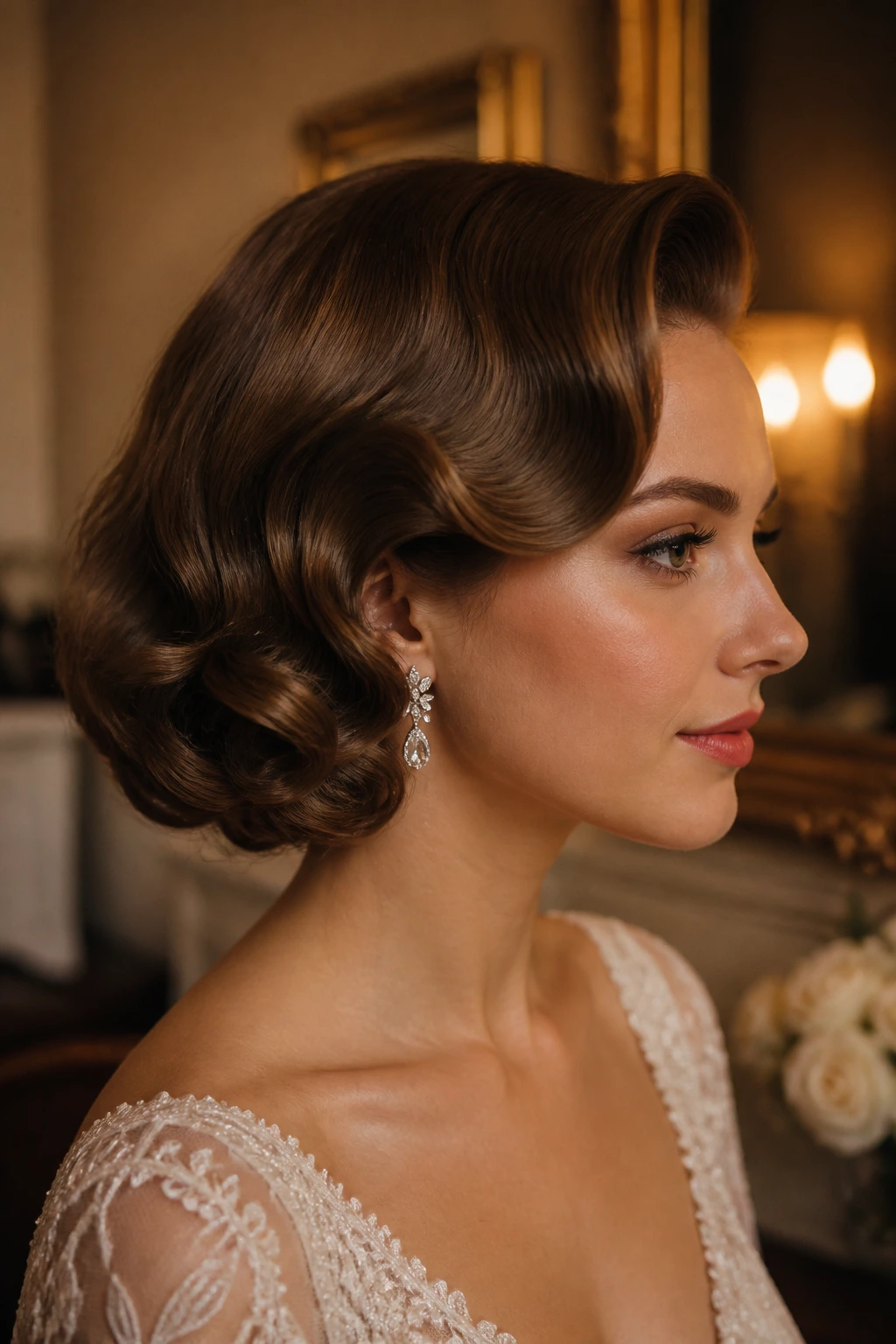 Bride with side-swept bob and sculpted waves in vintage room